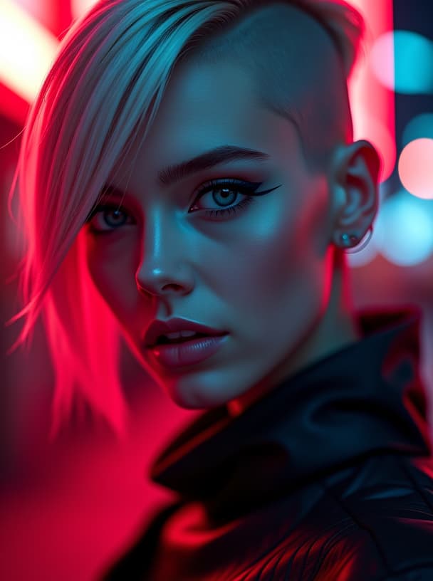  ultra realistic close up portrait ((beautiful pale cyberpunk female with heavy black eyeliner)), blue eyes, shaved side haircut, hyper detail, cinematic lighting, magic neon, dark red city, canon eos r3, nikon, f/1.4, iso 200, 1/160s, 8k, raw, unedited, symmetrical balance, in frame, 8k hyperrealistic, full body, detailed clothing, highly detailed, cinematic lighting, stunningly beautiful, intricate, sharp focus, f/1. 8, 85mm, (centered image composition), (professionally color graded), ((bright soft diffused light)), volumetric fog, trending on instagram, trending on tumblr, HDR 4K, 8K