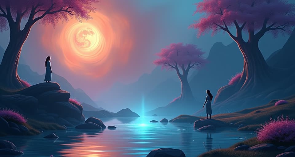  mystical landscape with glowing, swirling mists, an enchanted spring in the foreground, ethereal beings whispering to the water, serene and magical ambiance. the style is digital art illustration,highly detailed, whimsical,magical, dreamlike atmosphere, realism and fantasy blend, smooth, glossy textures,luminous quality, wonder and enchantment.