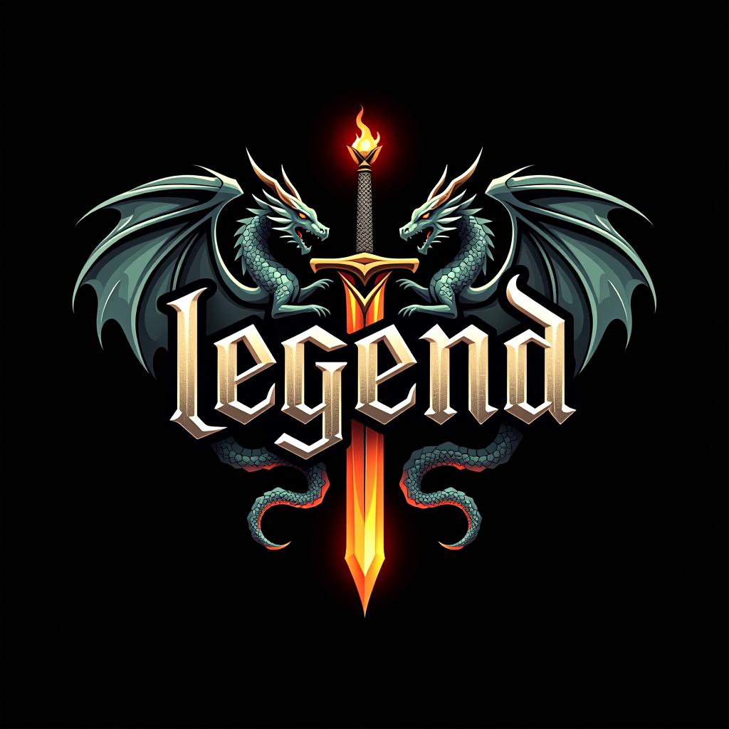  design a logo, custom sticker design on an isolated black background with the words ‘legend’ in bold font decorated by mythical dragons and a flaming sword