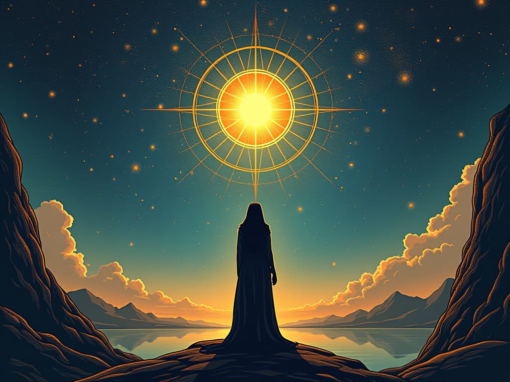  a celestial vista, hildegard von bingen's works depicted as constellations, starry expanse symbolizing her transcendent legacy, eternal inspiration in the cosmos. the style is digital art illustration / modern comic book / mysterious occult, symbolic, esoteric vibe,high detail on character design, incorporating ancient egyptian symbology and attire.