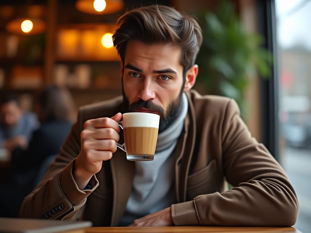  a man drinking mocha at a cafe, masterpiece, best quality