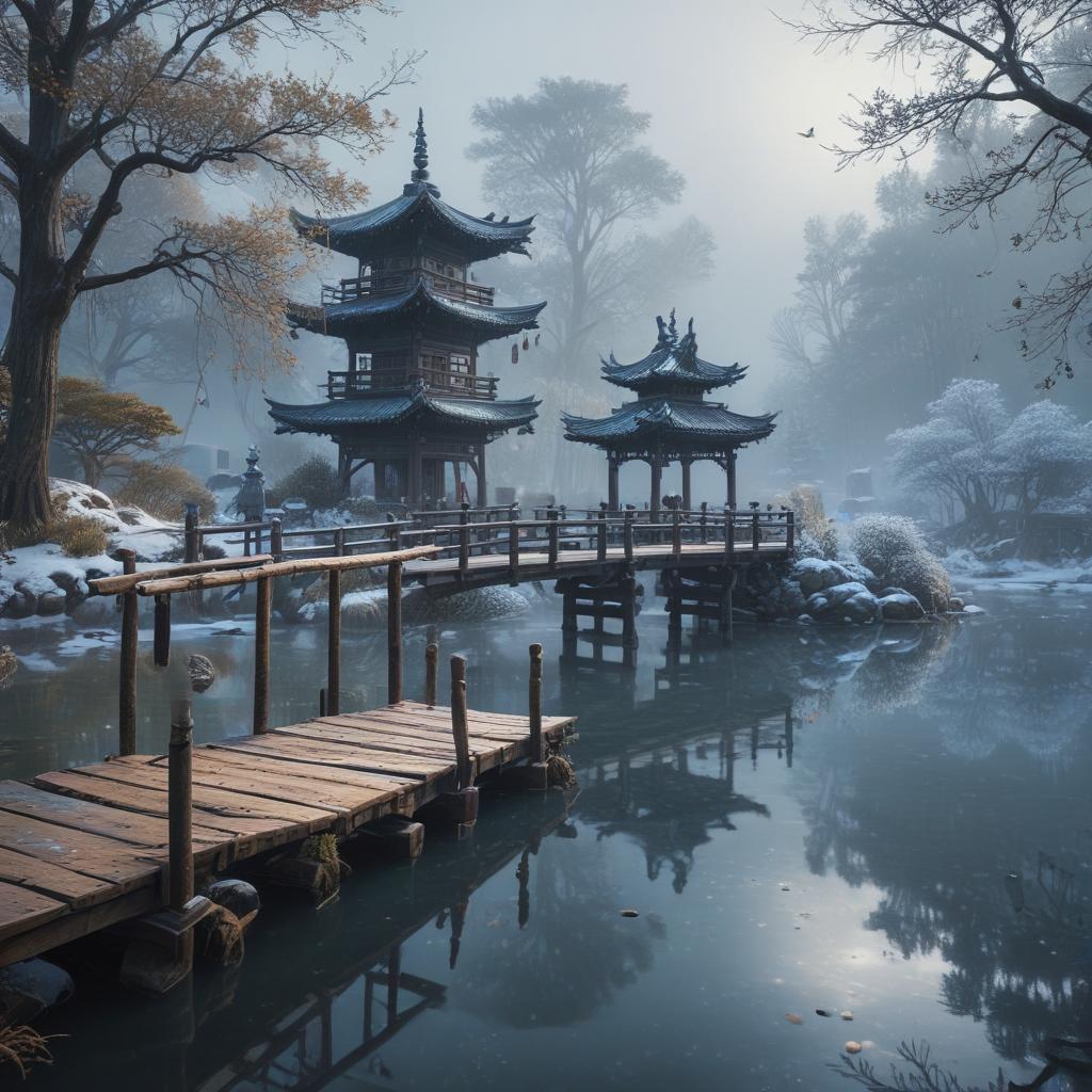 ((masterpiece)),(((best quality))), 8k, high detailed, ultra detailed, 目黒蓮 SNOW MAN, a tranquil scene of snow falling on a peaceful pond, a wooden bridge over the water, a flock of birds flying in the sky, a pagoda peeking through the mist, cool blue tones hyperrealistic, full body, detailed clothing, highly detailed, cinematic lighting, stunningly beautiful, intricate, sharp focus, f/1. 8, 85mm, (centered image composition), (professionally color graded), ((bright soft diffused light)), volumetric fog, trending on instagram, trending on tumblr, HDR 4K, 8K