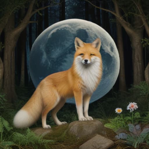 In a lush forest clearing, a majestic golden fox with nine tails stands proudly under the soft light of the moon. Its fur shimmers like liquid gold, casting a gentle glow on the surrounding flora. Each tail seems to dance with its own energy, swirling around the fox in a mesmerizing display of power and grace. The fox's eyes gleam with ancient wisdom, reflecting the mysteries of the universe. A sense of tranquility and magic fills the air, as if the very essence of light and nature has taken form in this magnificent creature. The scene is both enchanting and serene, inviting viewers to step into a world where beauty and wonder collide. fantastical creatures or characters inspired by mythology, folklore, or popular culture. use vibrant color