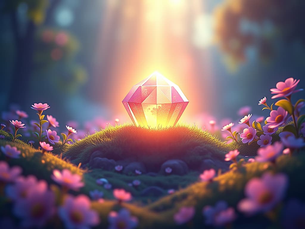  a serene and radiant landscape with soft beams of light showcasing a gem emerging from the earth. surrounded by ethereal flora, the gem symbolizes refinement and resilience.. the style is digital art illustration,highly detailed, whimsical,magical, dreamlike atmosphere, realism and fantasy blend, smooth, glossy textures,luminous quality, wonder and enchantment.