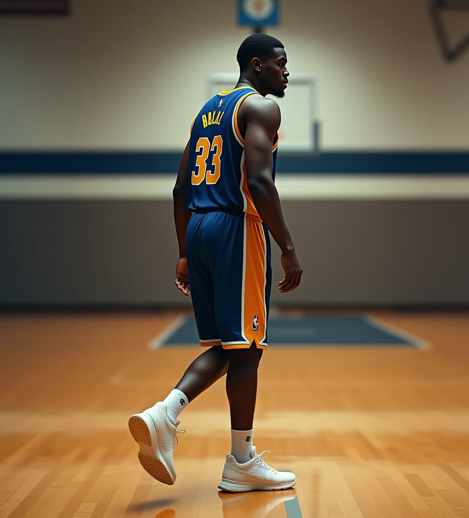  shaquille o'neal in cole high school wearing his cole jersey no. 33 walking side view like in human evolutions whole body from head to shoes, high quality, high details, hd, perfect composition, 4k epic detailed, highly detailed, sharp focus, high resolution