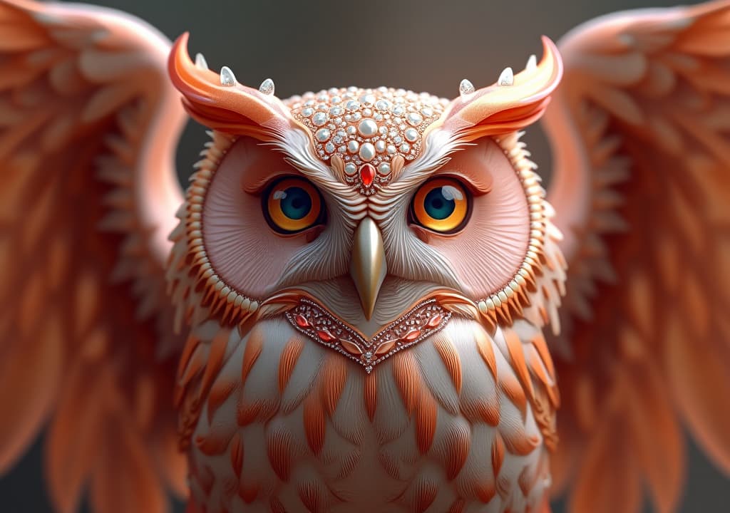  a rose gold owl with diamond studded eyes and spread wings,, high quality, high details, hd, perfect composition, 4k epic detailed, highly detailed, sharp focus, high resolution