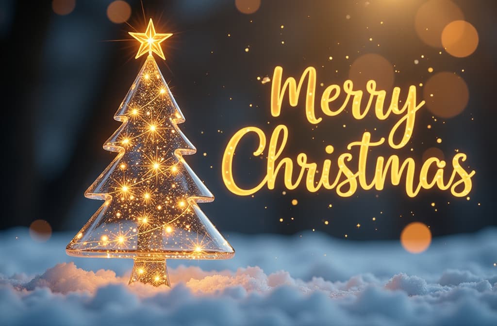  transparent glass christmas tree with golden glowing text “merry christmas”,standing on snow, festive golden bokeh background ar 3:2 {prompt}, maximum details