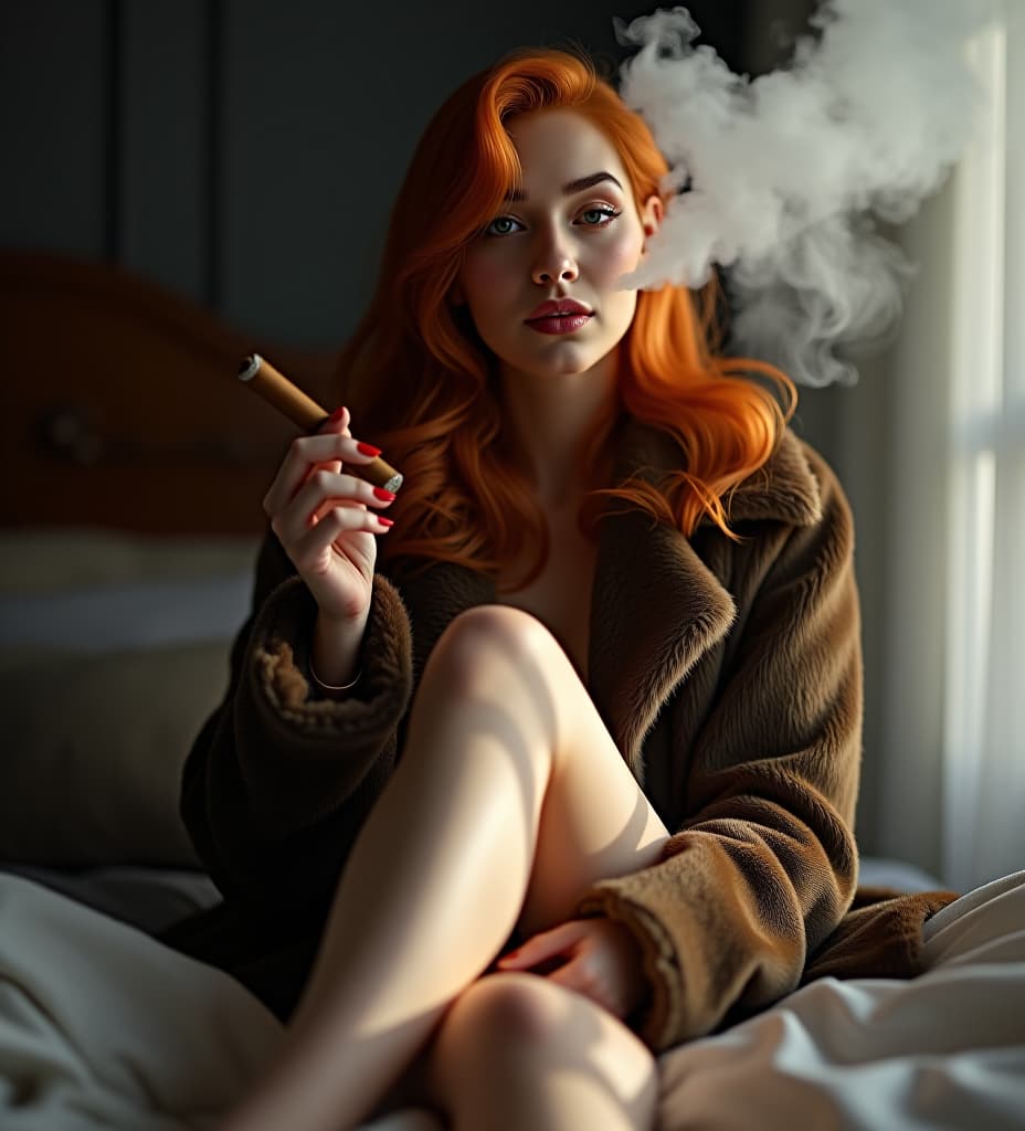  a pretty redhead smoking a big cuban cigar, blowing huge clouds of smoke, wearing fur coat, feet on bed