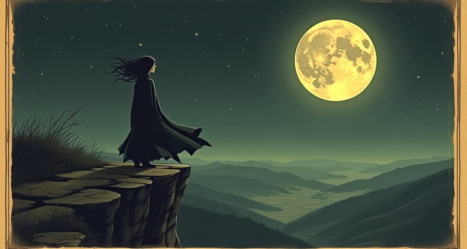  figure standing on cliff edge, backlit by moon, determined stance, wind blowing through hair, vast landscape below, night sky full of stars, resolute, unwavering spirit. an illustration in the style of a worn, mystical old tarot trump card, mysterious and elements of surrealism. the colors are muted, somber and eerie, but with contrast bring out an occult and esoteric vibe.