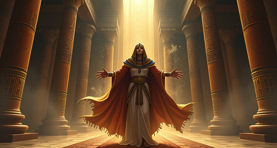  grand ancient hall trembling, walls decorated with hieroglyphs quaking, figure unleashing a powerful truth, unstoppable force, atmosphere of historical reckoning. the style is digital art illustration / modern comic book / mysterious occult, symbolic, esoteric vibe,high detail on character design, incorporating ancient egyptian symbology and attire.