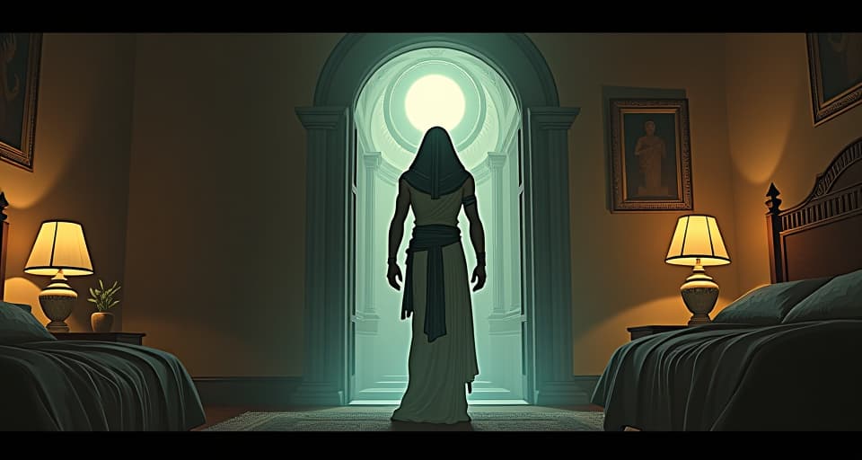  home filled with confrontation's silence, oppressive atmosphere, suffocating presence. the style is digital art illustration / modern comic book / mysterious occult, symbolic, esoteric vibe,high detail on character design, incorporating ancient egyptian symbology and attire.