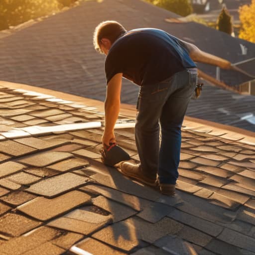 A photo of a roofing contractor examining a shingle in a sprawling suburban neighborhood during the late afternoon, bathed in the warm, golden glow of the setting sun.