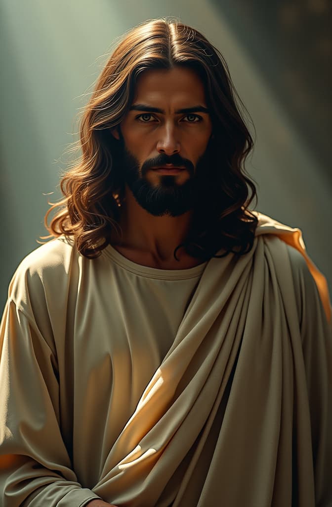  dibujar a jesus y que una luz de difumine la cara hyperrealistic, full body, detailed clothing, highly detailed, cinematic lighting, stunningly beautiful, intricate, sharp focus, f/1. 8, 85mm, (centered image composition), (professionally color graded), ((bright soft diffused light)), volumetric fog, trending on instagram, trending on tumblr, HDR 4K, 8K