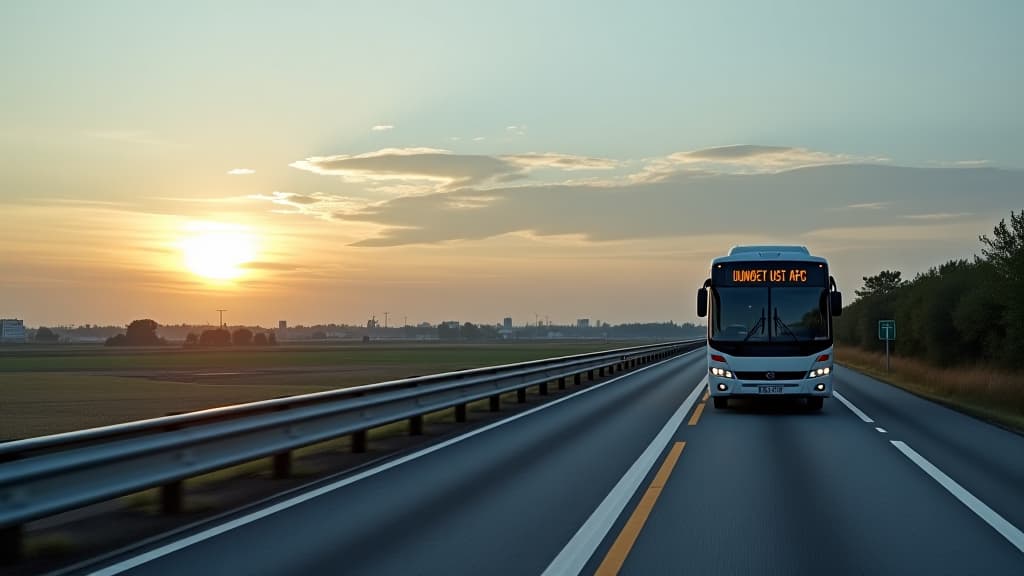  intercity bus rides on a highway, blank letters