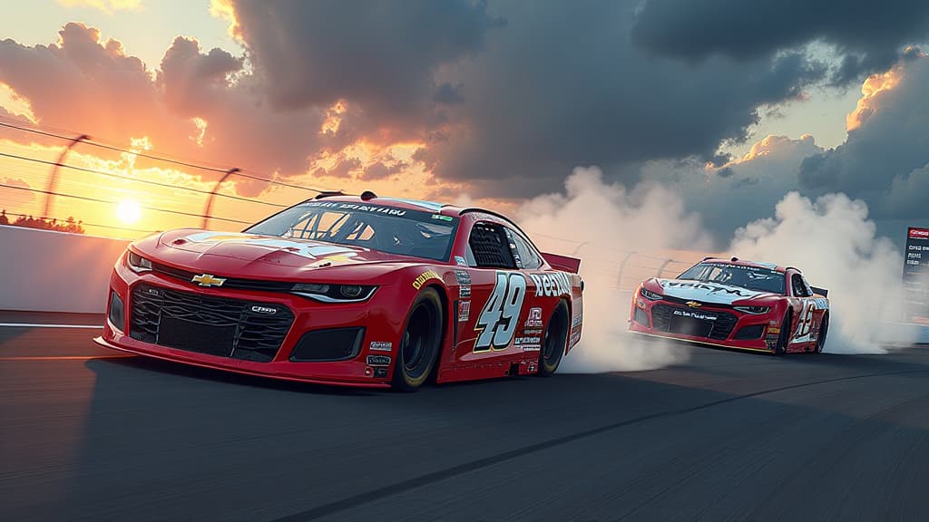  prompt: create a dynamic and detailed image of a nascar race at richmond raceway, capturing the moment when austin dillon skillfully overtakes two opponents to secure a playoff spot. include dramatic lighting, intense expressions on the drivers' faces, and intricate details of the race cars and track. showcase the excitement, tension, and strategic maneuvers of the event, with a focus on the tactical brilliance of daniel suarez's tire management. incorporate branding of nascar, richmond raceway,