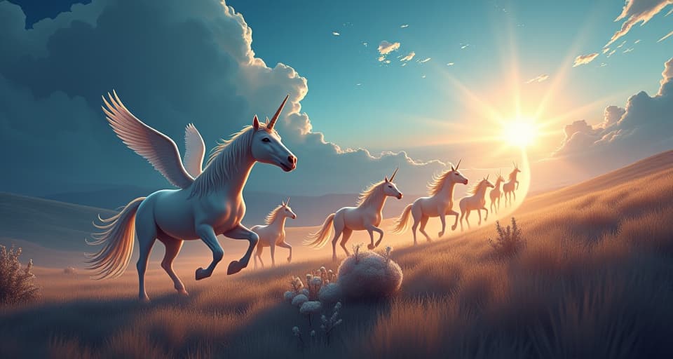  a celestial unicorn leading a group of magical beings across a radiant fantasy landscape. the trail behind them glowing with divine light, a journey of testimony.. the style is digital art illustration,highly detailed, whimsical,magical, dreamlike atmosphere, realism and fantasy blend, smooth, glossy textures,luminous quality, wonder and enchantment.