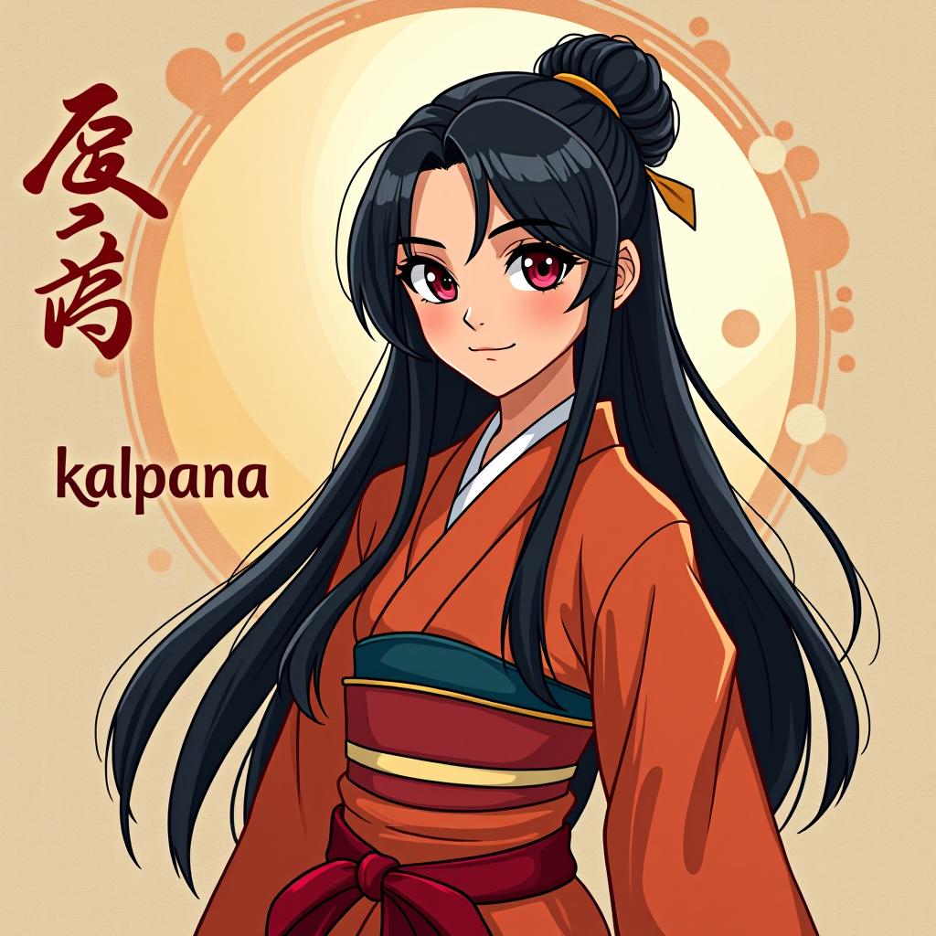  a fair skinned indian girl with an appearance that resembles a japanese character, wearing traditional indian attire with modern influences. she has large expressive eyes, straight black hair styled in a blend of traditional indian and modern japanese fashion, and a calm, confident expression. the girl is standing in a dynamic pose, with the text ‘kalpana’ elegantly displayed as a logo near her, possibly in a calligraphic or stylish font. the background is a blend of indian and japanese cultural elements, symbolizing her unique identity