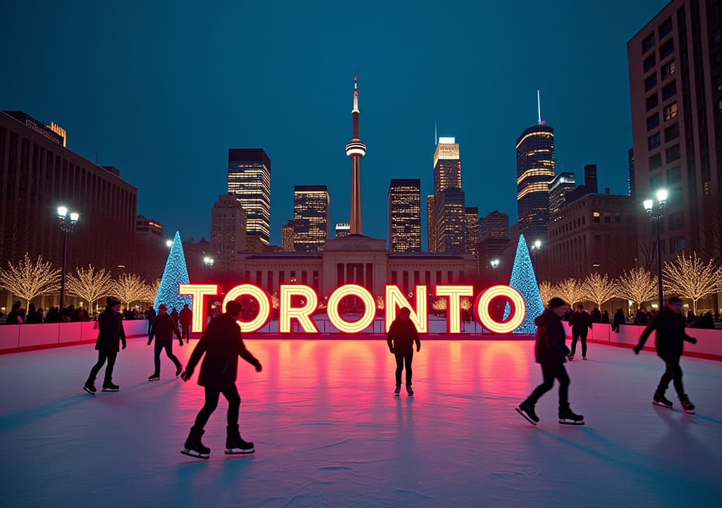  a vibrant winter scene at nathan phillips square, featuring skaters gliding on the ice rink, the illuminated toronto sign, festive lights and decorations, and the backdrop of toronto city hall and the city skyline at night., in the style of photorealistic hyperrealistic, full body, detailed clothing, highly detailed, cinematic lighting, stunningly beautiful, intricate, sharp focus, f/1. 8, 85mm, (centered image composition), (professionally color graded), ((bright soft diffused light)), volumetric fog, trending on instagram, trending on tumblr, HDR 4K, 8K