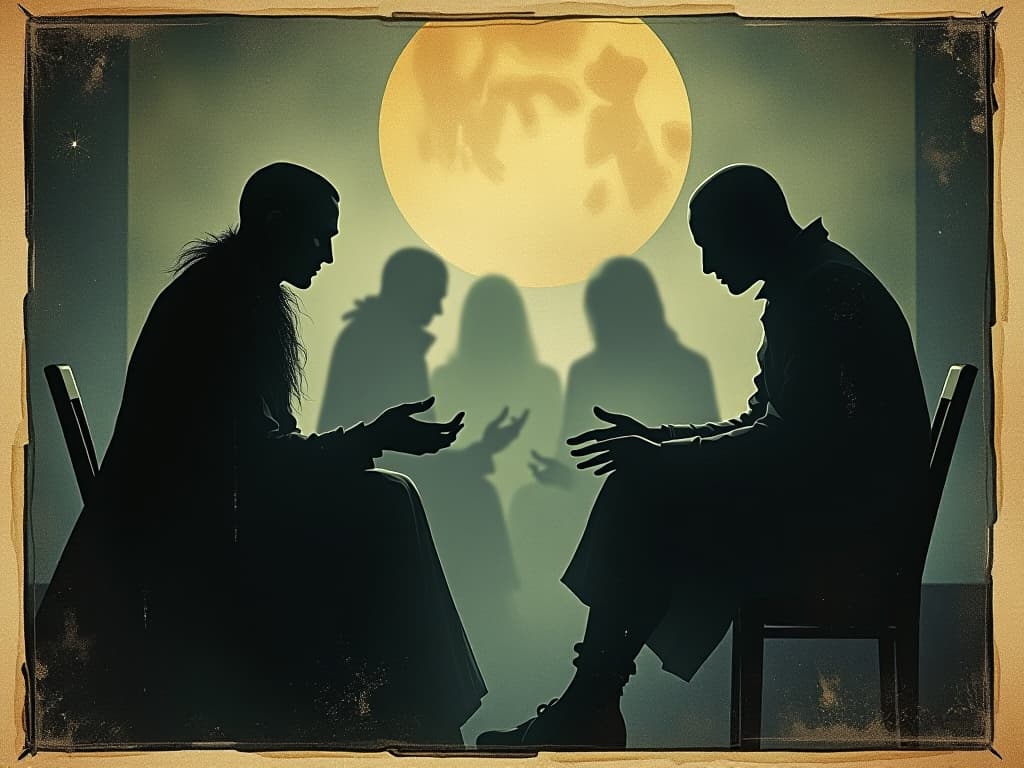  faint outlines of a conversation, shadowy figures talking, blurred and indistinct faces, eerie and mysterious mood. an illustration in the style of a worn, mystical old tarot trump card, mysterious and elements of surrealism. the colors are muted, somber and eerie, but with contrast bring out an occult and esoteric vibe.