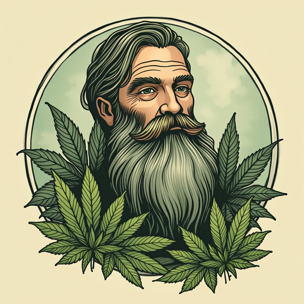  big guy with beard smoking pot johns herbs, (logo), organic, earthy, green, natural elements, leaves, trees, eco friendly, soft colors, hand drawn, fresh