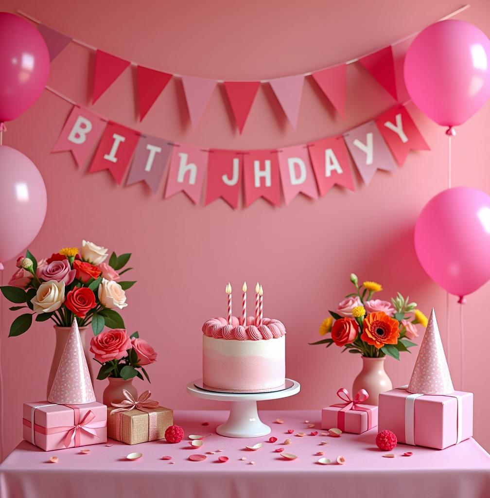  birthday photo scene, without people, rich details, visually appealing, main color tone is pink, colorful decorations, balloons, cake, presents, vibrant atmosphere, festive mood, floral arrangements, party hats, table setting, bunting banners, soft pastel colors, elegant backdrop, stylish props. highly detailed photo, sharp details, best quality, 4k, raw photo photo realistic, highly intricate and detailed, masterpiece, ultra high res,photography,8k resolution