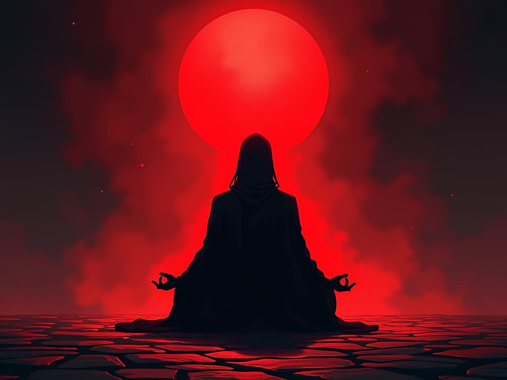  figure kneeling in meditation, red light surrounding, sense of protection and connection. the style is digital art illustration / modern comic book / graphic dark novel fantasy and mysterious occult, symbolic, moody lighting, esoteric vibe,high detail on character design. for the color scheme emphasize blacks and reds.