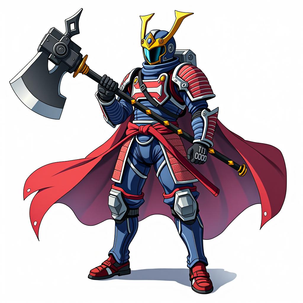  anime artwork astronaut in a suit, in cool samurai armor, with a large axe, on a white background . anime style, key visual, vibrant, studio anime, highly detailed