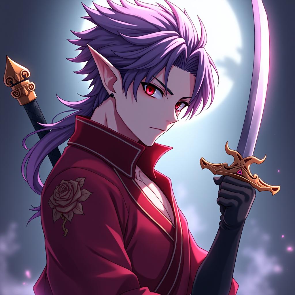  anime artwork a dark elf male pirate holding in his right hand a katana with a guard in the shape of a rose flower from the bud of which the blade comes out, his face is turned straight marble white skin, purple scarlet hair, lavender eyes with a red tint, dressed in a red violet shirt embroidered with red gold over the shirt wears , hairstyle in the style of hedgehog hair. an earring in ear, in the shape of a month. the crescent moon tattoo . anime style, key visual, vibrant, studio anime, highly detailed hyperrealistic, full body, detailed clothing, highly detailed, cinematic lighting, stunningly beautiful, intricate, sharp focus, f/1. 8, 85mm, (centered image composition), (professionally color graded), ((bright soft diffused light)), volumetric fog, trending on instagram, trending on tumblr, HDR 4K, 8K