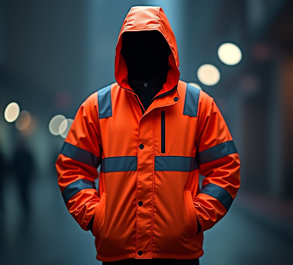  a safety orange rain jacket with reflective stripes, designed for visibility and weather resistance., high quality, high details, hd, perfect composition, 4k epic detailed, highly detailed, sharp focus, high resolution