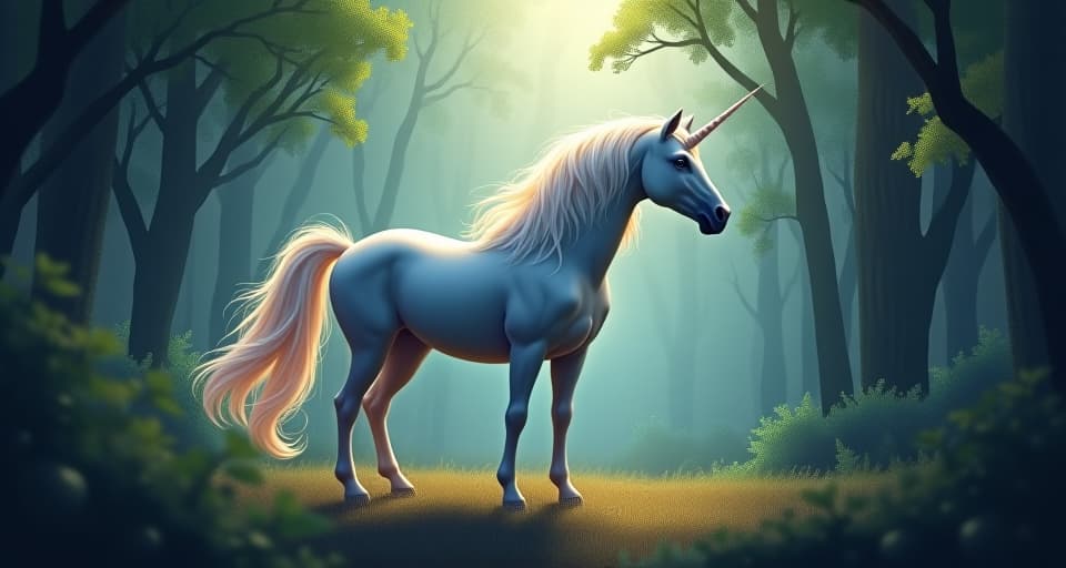  a majestic unicorn standing in a dense, enchanted forest with light filtering through trees casting an ethereal glow. its mane cascading in soft, glowing waves.. the style is digital art illustration,highly detailed, whimsical,magical, dreamlike atmosphere, realism and fantasy blend, smooth, glossy textures,luminous quality, wonder and enchantment.