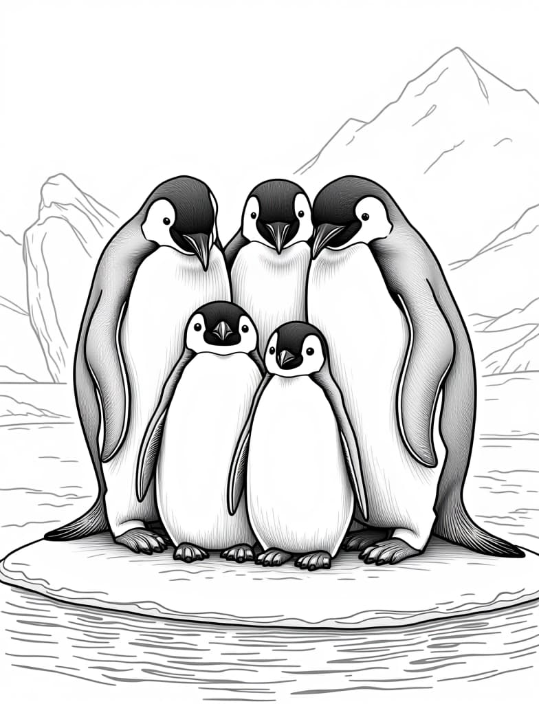  this is for an adult coloring page. a detailed black and white line art of a snowy family of penguins huddled together on an icy surface on a solid white background.