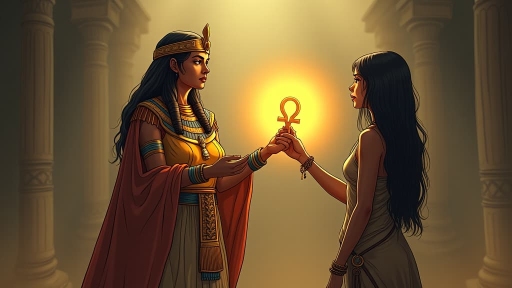  a comic book style draw of an ancient goddess offering a glowing ankh to a person, sense of audacity and reward, atmosphere of being unapologetically oneself. the style is digital art illustration / modern comic book / mysterious occult, symbolic, esoteric vibe,high detail on character design, incorporating ancient egyptian symbology and attire. hyperrealistic, full body, detailed clothing, highly detailed, cinematic lighting, stunningly beautiful, intricate, sharp focus, f/1. 8, 85mm, (centered image composition), (professionally color graded), ((bright soft diffused light)), volumetric fog, trending on instagram, trending on tumblr, HDR 4K, 8K