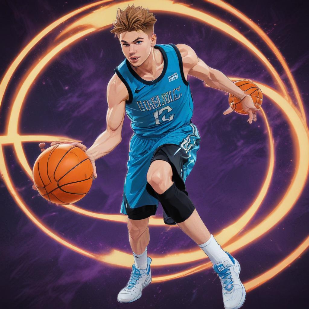 distance-shot, flashy, full-body, dynamic, holographic, animated cartoon poster of luka doncic in the style of dragon ball super