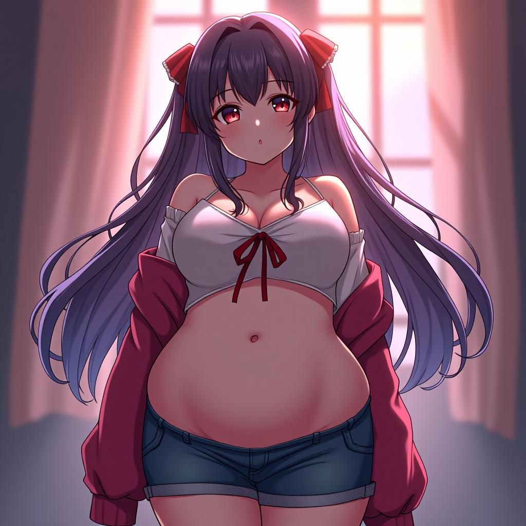  anime artwork make her more fattest and stomach is biggest . anime style, key visual, vibrant, studio anime, highly detailed hyperrealistic, full body, detailed clothing, highly detailed, cinematic lighting, stunningly beautiful, intricate, sharp focus, f/1. 8, 85mm, (centered image composition), (professionally color graded), ((bright soft diffused light)), volumetric fog, trending on instagram, trending on tumblr, HDR 4K, 8K