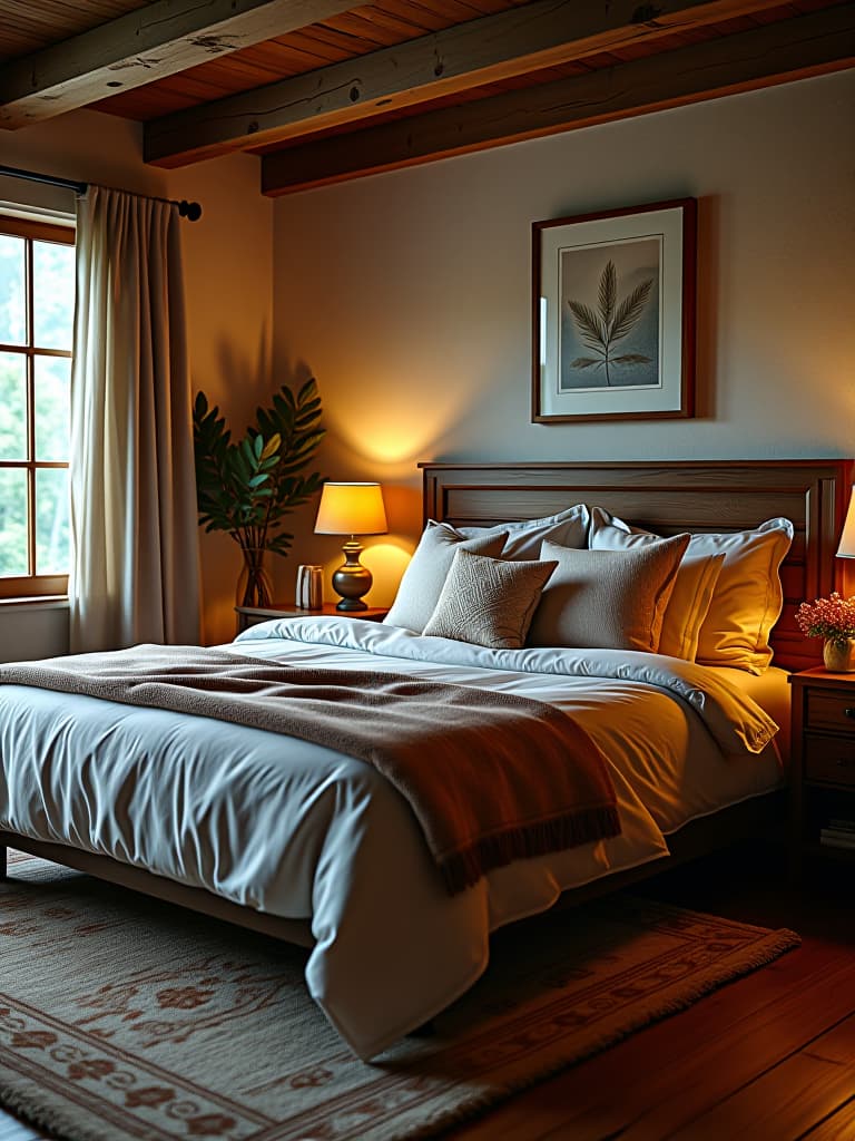  high quality portrait photo of a cozy rustic bedroom with a reclaimed wood headboard, soft ambient lighting, and natural textures, viewed from the corner to showcase the entire room hyperrealistic, full body, detailed clothing, highly detailed, cinematic lighting, stunningly beautiful, intricate, sharp focus, f/1. 8, 85mm, (centered image composition), (professionally color graded), ((bright soft diffused light)), volumetric fog, trending on instagram, trending on tumblr, HDR 4K, 8K