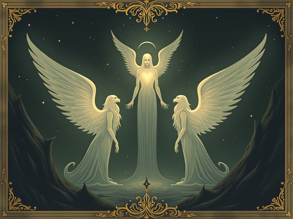  ethereal guardians, faint celestial forms with soft glows, ethereal wings and light emitting bodies, night sky background, mystical, protective, otherworldly. an illustration in the style of a worn, mystical old tarot trump card, mysterious and elements of surrealism. the colors are muted, somber and eerie, but with contrast bring out an occult and esoteric vibe.