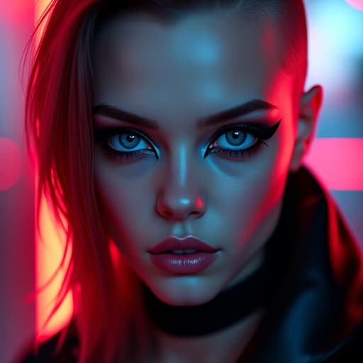  ultra realistic close up portrait ((beautiful pale cyberpunk female with heavy black eyeliner)), blue eyes, shaved side haircut, hyper detail, cinematic lighting, magic neon, dark red city, canon eos r3, nikon, f/1.4, iso 200, 1/160s, 8k, raw, unedited, symmetrical balance, in frame, 8k hyperrealistic, full body, detailed clothing, highly detailed, cinematic lighting, stunningly beautiful, intricate, sharp focus, f/1. 8, 85mm, (centered image composition), (professionally color graded), ((bright soft diffused light)), volumetric fog, trending on instagram, trending on tumblr, HDR 4K, 8K