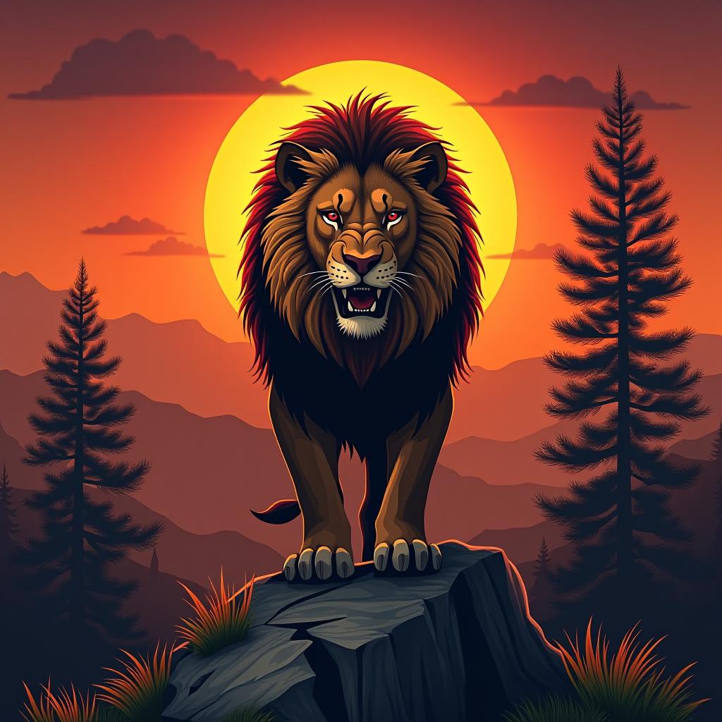  at the top of the mountain, a fierce lion stands gazing directly into your eyes. its eyes are red, and its fangs are sharp. in the background, the sun is setting at its zenith. to the right and left of the lion, there are ancient pines.