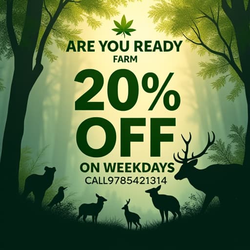  create a wildlife themed offer post for 'are you ready junglees? with the following elements: main message: '20% off on weekdays' in bold, natural colored font (dark green or earthy brown). call to action: 'call 9785421314' prominently displayed below the offer. theme: incorporate elements of wildlife, such as silhouettes of animals (e.g., deer, elephants, birds), lush greenery, and natural textures like wood or leaves. logo style: use 'the junglee farm' logo at the top of the post. the logo features a bold, serif font with slightly curved edges, rendered in a deep green color with a subtle texture, giving it a natural, organic feel. the text has a slightly raised, embossed effect, emphasizing its prominence. surround the logo with jungl hyperrealistic, full body, detailed clothing, highly detailed, cinematic lighting, stunningly beautiful, intricate, sharp focus, f/1. 8, 85mm, (centered image composition), (professionally color graded), ((bright soft diffused light)), volumetric fog, trending on instagram, trending on tumblr, HDR 4K, 8K