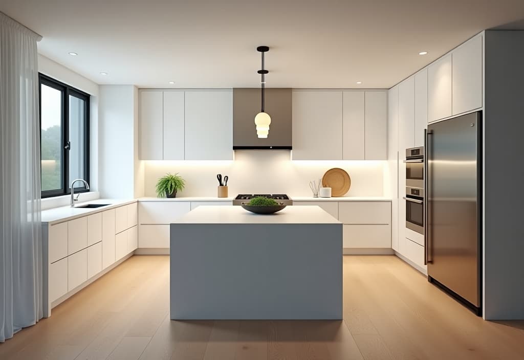  a landscape photo of a sleek, minimalist kitchen with white cabinets, stainless steel appliances, and a large island with pendant lights, showcasing a budget friendly contemporary design hyperrealistic, full body, detailed clothing, highly detailed, cinematic lighting, stunningly beautiful, intricate, sharp focus, f/1. 8, 85mm, (centered image composition), (professionally color graded), ((bright soft diffused light)), volumetric fog, trending on instagram, trending on tumblr, HDR 4K, 8K