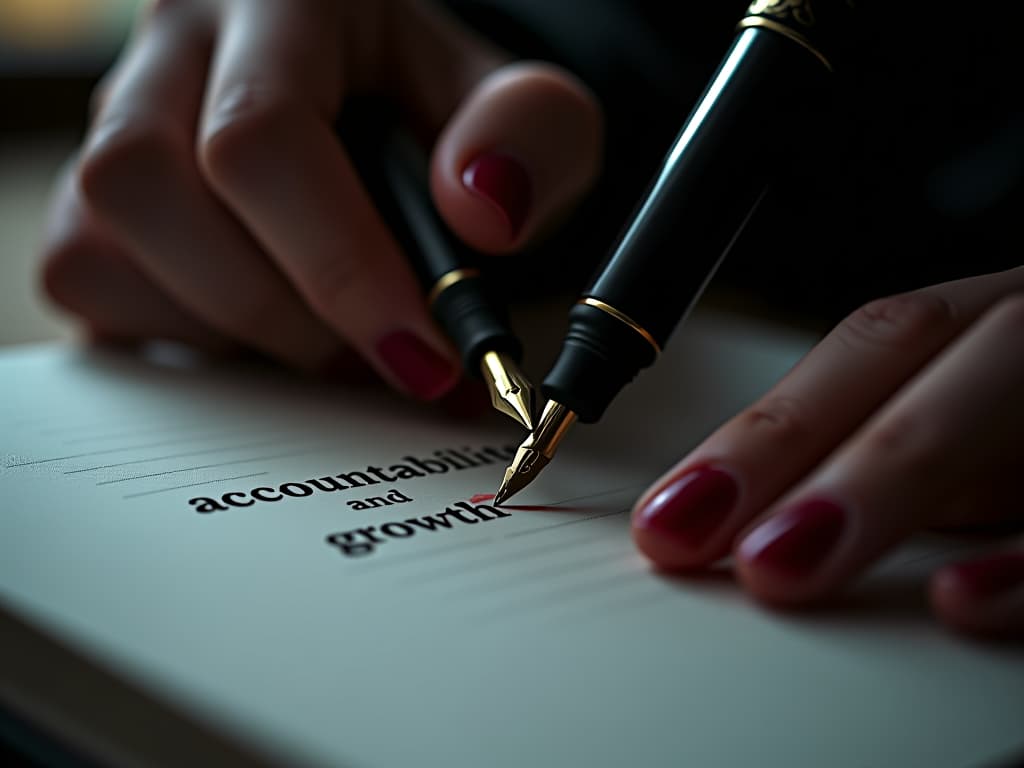  close up of hands writing in a journal with a fountain pen, words like ‘accountability’ and ‘growth’ emphasized, soft ambient light, mood of personal commitment.. the style is dark fantasy and mysterious occult, symbolic, moody lighting, esoteric vibe,high detail on character design. for the color scheme emphasize blacks and reds.