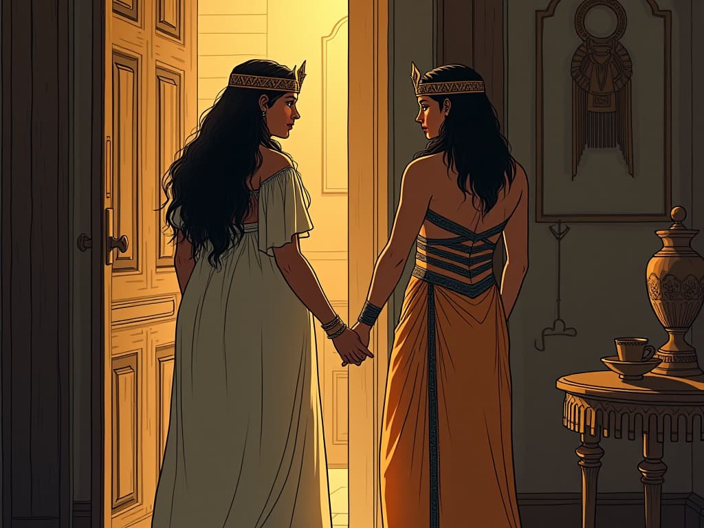  two large busted women, one in a sheer gown the other in a tight fitting dress, warmly welcoming the gods zeus and hermes, disguised as weary travelers, into their modest home, aura of kindness and hospitality. the style is digital art illustration / modern comic book / mysterious occult, symbolic, esoteric vibe,high detail on character design, incorporating ancient egyptian symbology and attire.