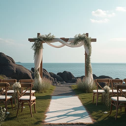  create an image with the following specifications: main subject: description: a romantic wedding ceremony setup on a small, picturesque island in the turku archipelago. style: elegant and rustic. setting: location: a small, rocky island in the turku archipelago with the baltic sea in the background. composition: framing: wide shot capturing the island, ceremony setup, and surrounding sea. style: art movement: contemporary realism. technique: high contrast photography. atmosphere: mood: serene, romantic, and adventurous. color palette: dominant colors: deep blue, soft white, granite gray, pine green. mood: fresh and natural. details: foreground: a wooden arch decorated with white fabric and local wildflowers, simple wooden chairs for  hyperrealistic, full body, detailed clothing, highly detailed, cinematic lighting, stunningly beautiful, intricate, sharp focus, f/1. 8, 85mm, (centered image composition), (professionally color graded), ((bright soft diffused light)), volumetric fog, trending on instagram, trending on tumblr, HDR 4K, 8K