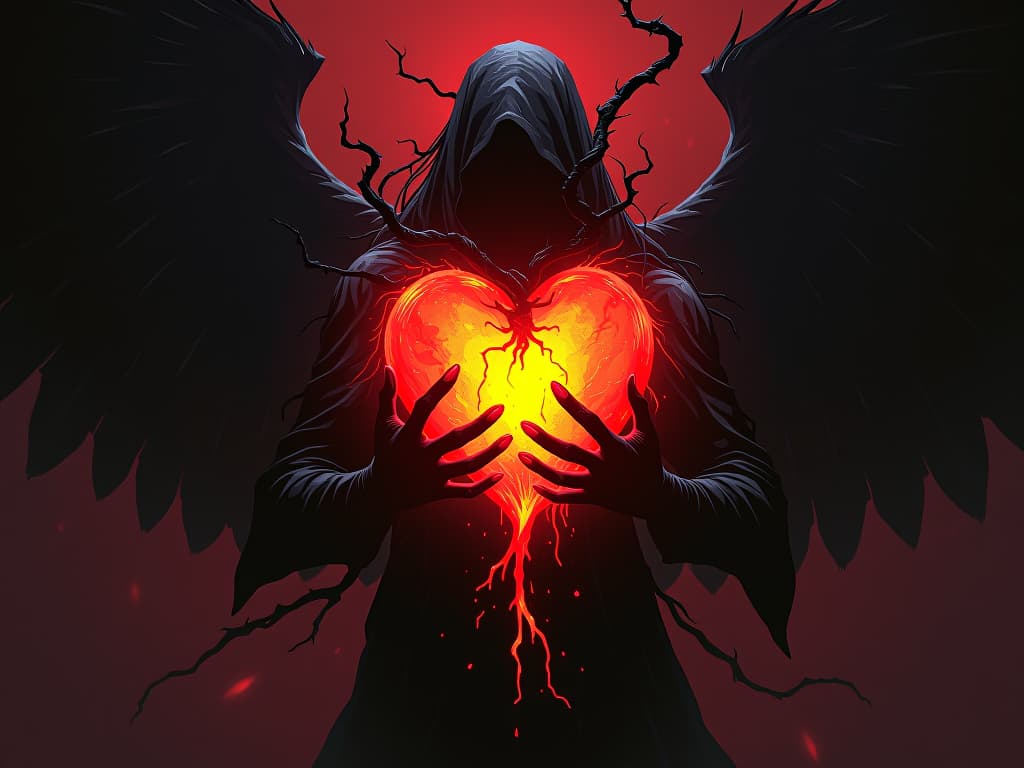  dark, shadowy tendrils creeping into radiant golden heart, sense of corruption. the style is digital art illustration / modern comic book / graphic dark novel fantasy and mysterious occult, symbolic, moody lighting, esoteric vibe,high detail on character design. for the color scheme emphasize blacks and reds.