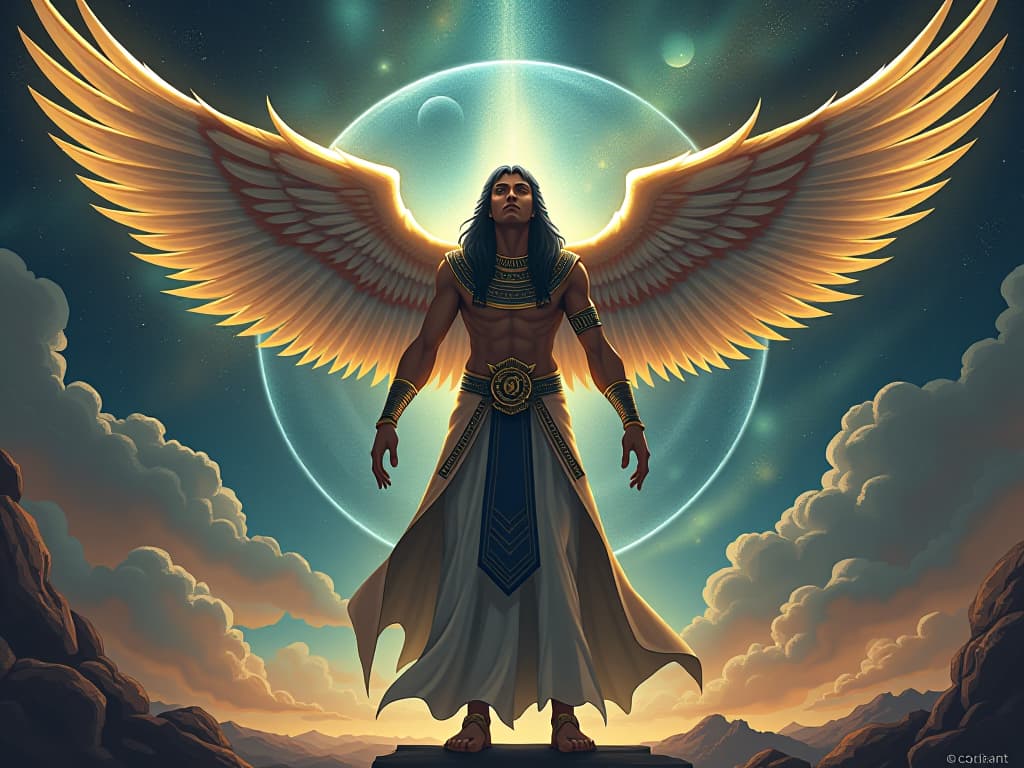  a grand celestial being, large busted with elegant wings, shimmering and standing in a cosmic realm, symbolizing being chosen by the universe. the style is digital art illustration / modern comic book / mysterious occult, symbolic, esoteric vibe,high detail on character design, incorporating ancient egyptian symbology and attire.