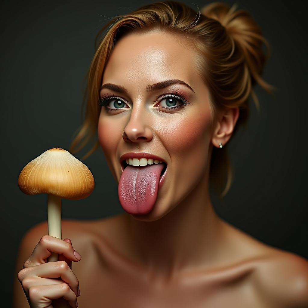  beautiful jennifer lawrence sticking her large flat tongue fully out, covered in sweat, holding a tan colored cylinder with a mushroom at the end, award winning, professional, highly detailed, masterpiece