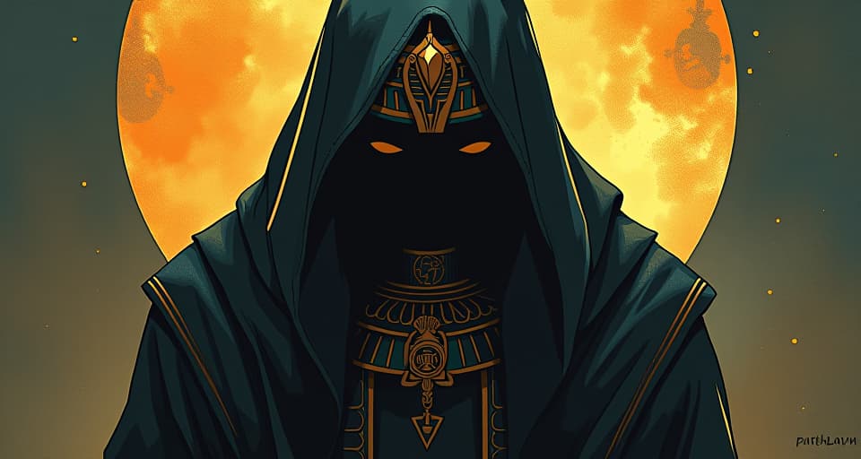  hidden shadows unveiled, unbearable harshness of self illumination. the style is digital art illustration / modern comic book / mysterious occult, symbolic, esoteric vibe,high detail on character design, incorporating ancient egyptian symbology and attire.