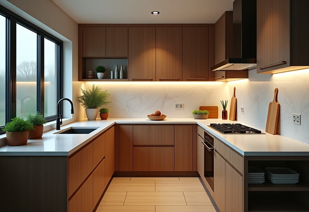  a landscape photo of a small kitchen with a harmonious blend of materials, featuring a mix of textures like smooth quartz countertops, textured tile backsplash, and warm wood accents hyperrealistic, full body, detailed clothing, highly detailed, cinematic lighting, stunningly beautiful, intricate, sharp focus, f/1. 8, 85mm, (centered image composition), (professionally color graded), ((bright soft diffused light)), volumetric fog, trending on instagram, trending on tumblr, HDR 4K, 8K