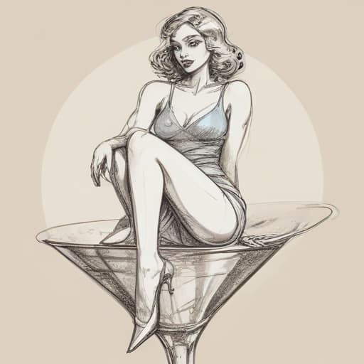 Sketch of pretty lady with legs crossed, sitting on the edge of an oversized martini glass in Comic Art style