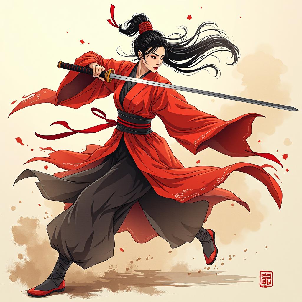  hero comic japanese ink drawing, a female in song dynasty style hanfu, her red songmo headdress fluttering in the wind. she wields the sword with one hand, her swordplay agile and powerful, as if ready to leap into the air at any moment. action: each of her sword dance movements is filled with passion and strength, her hair flying wildly with the vigorous motions, like flames dancing in the air. background: the background is simplified, sketched with light ink strokes, highlighting the fluidity and power of the character's movements. style features: utilizes shades of ink and precise strokes to capture the elegance of the clothing and the dynamism of the sword dance, aiming to present an artistic effect that combines motion and stillness.,  hyperrealistic, full body, detailed clothing, highly detailed, cinematic lighting, stunningly beautiful, intricate, sharp focus, f/1. 8, 85mm, (centered image composition), (professionally color graded), ((bright soft diffused light)), volumetric fog, trending on instagram, trending on tumblr, HDR 4K, 8K